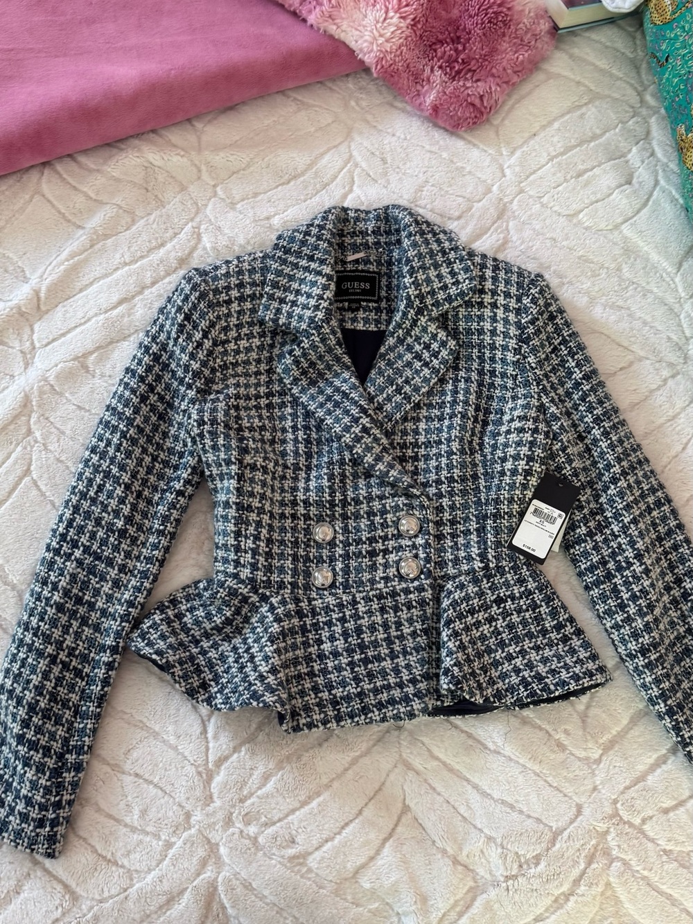 GUESS Black & White Houndstooth Peplum Double-Breasted Jacket